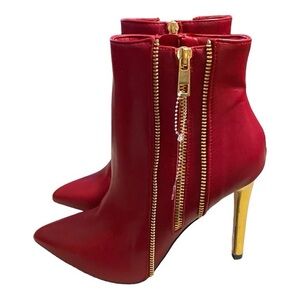 Catherine Malandrino "Zippo" Red Ankle Boots Gold Stiletto Heel